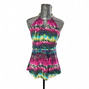 Y2K Beaded Halter Tie Dye Babydoll Top S/M Festival Retro Clubwear Statement